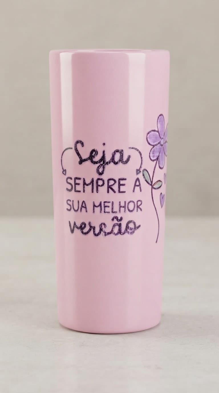 Copo long drink rosa com a frase "Seja sempre a sua melhor versão" e uma flor lilás